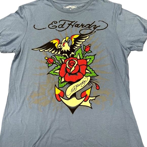 Ed Hardy Other - Ed Hardy Blue T-Shirt, Eagle, Heart,Bling Rose, Anchor
